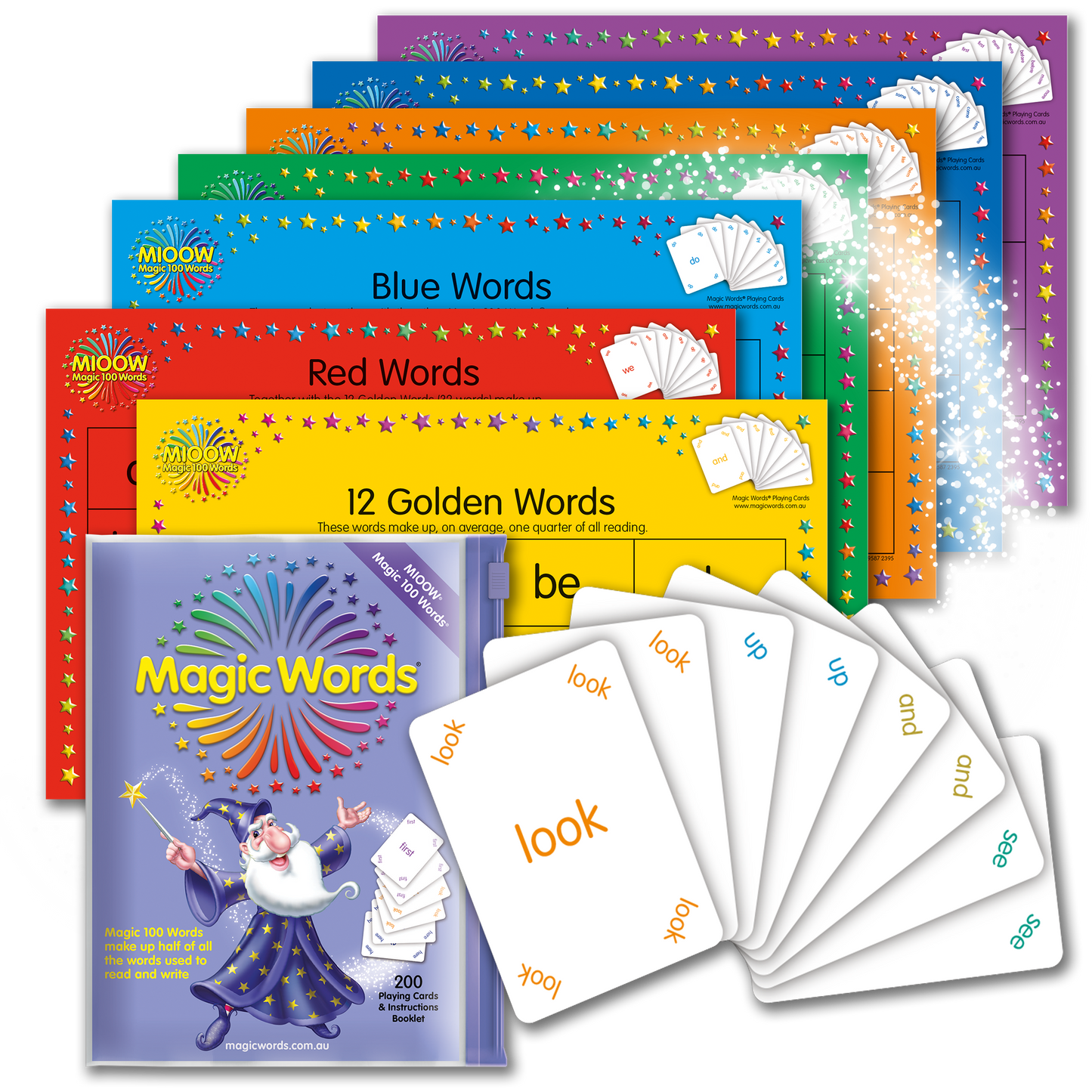 These Magic Words sight words are the most frequently used words in reading. This set of Magic 100 Words contains the 1 -100 most frequent words as a set of flashcards (x2 per word for pairing games) and the Magic 100 Learning Boards - Golden Words, Red Words, Blue Words, Green Words, Orange Words, Indigo Words  and Violet Words.