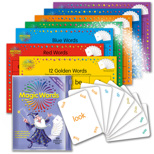 These Magic Words sight words are the most frequently used words in reading. This set of Magic 100 Words contains the 1 -100 most frequent words as a set of flashcards (x2 per word for pairing games) and the Magic 100 Learning Boards - Golden Words, Red Words, Blue Words, Green Words, Orange Words, Indigo Words  and Violet Words.