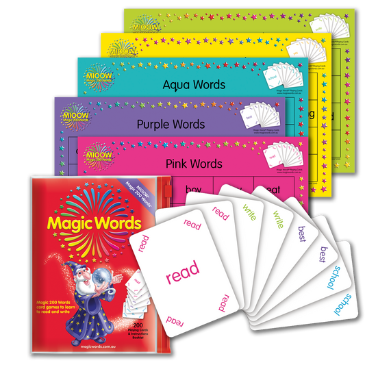 Magic 200 Words sight words  pack with learning boards and playing cards for learning to read
