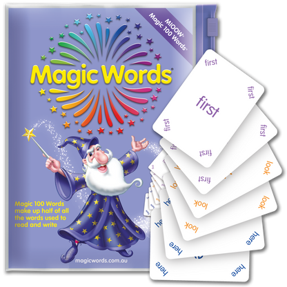 Magic Words sight words contains the 100 words playing cards. These Magic Words sight words are the most frequently used words in reading. This set of Magic 100 Words contains the 1 -100 most frequent words as a set of flashcards (x2 per word for pairing games) and Golden Words, Red Words, Blue Words, Green Words, Orange Words, Indigo Words and Violet Words.