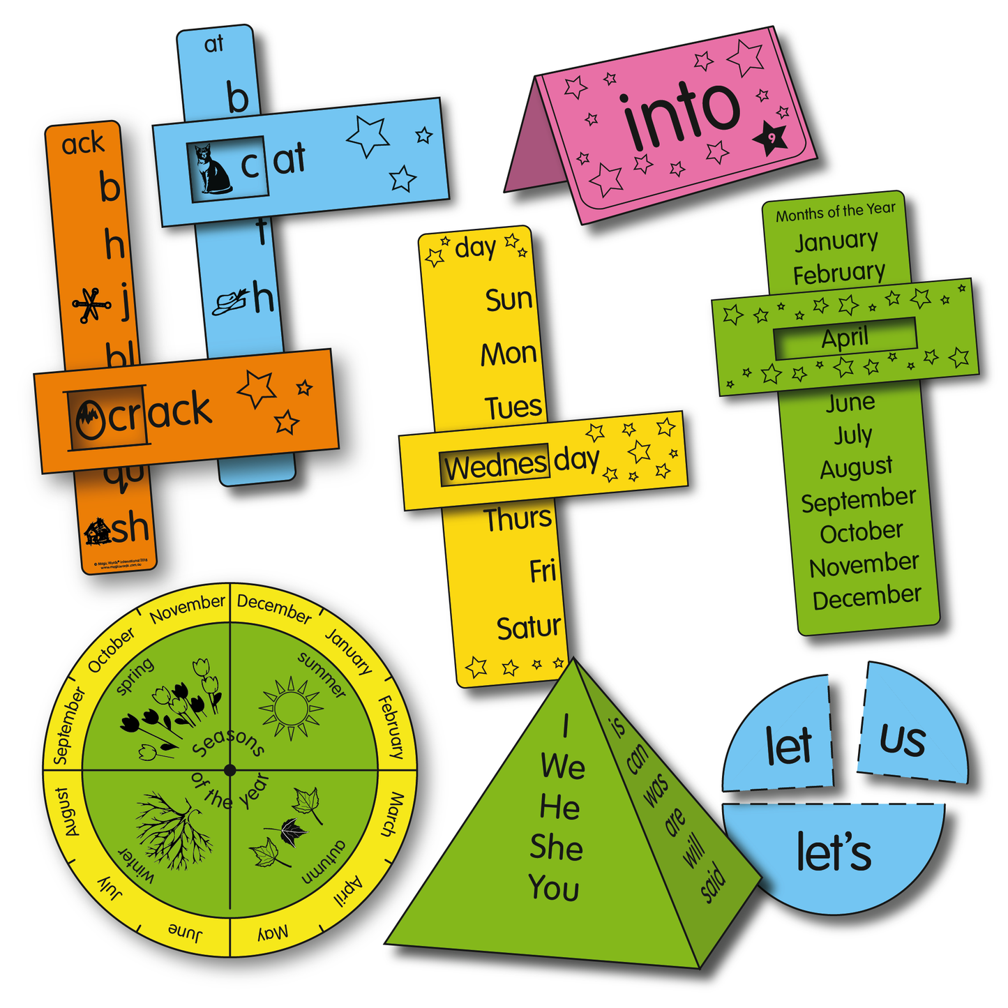 Magic Words sight word literacy activities including phonics word slides , Days of the Week, Months of the Year, Seasons and contraction activities for learning to read.