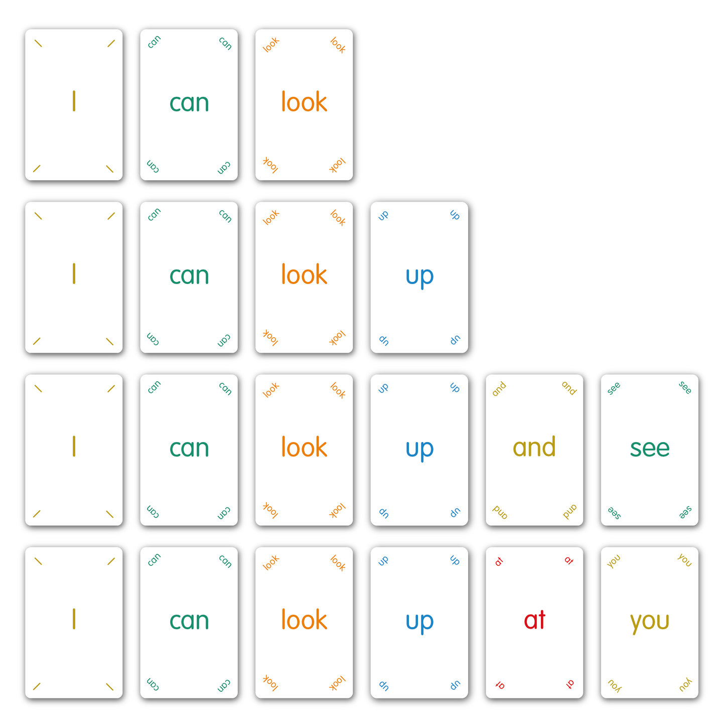 Magic Words sight words contains the 100 words playing cards. These Magic Words sight words are the most frequently used words in reading. This set of Magic 100 Words contains the 1 -100 most frequent words as a set of flashcards (x2 per word for pairing games) and Golden Words, Red Words, Blue Words, Green Words, Orange Words, Indigo Words and Violet Words. Sentence Building I can look, I can look up, I can look up and see.