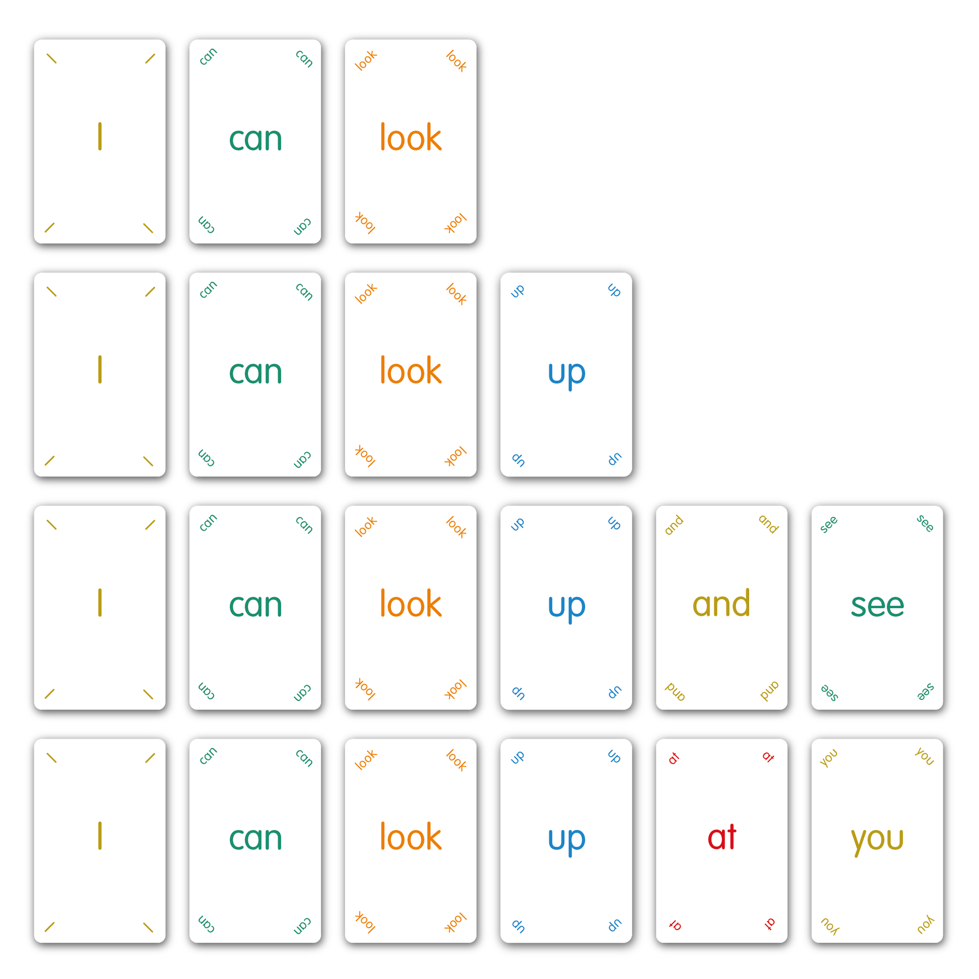 Magic Words sight words contains the 100 words playing cards. These Magic Words sight words are the most frequently used words in reading. This set of Magic 100 Words contains the 1 -100 most frequent words as a set of flashcards (x2 per word for pairing games) and Golden Words, Red Words, Blue Words, Green Words, Orange Words, Indigo Words and Violet Words. Sentence Building I can look, I can look up, I can look up and see.