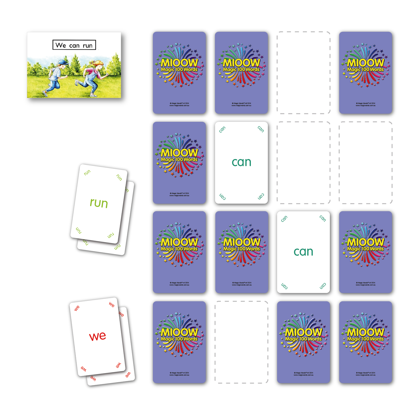 These Magic Words sight words are the most frequently used words in reading. This set of Magic 100 Words contains the 1 -100 most frequent words as a set of flashcards (x2 per word for pairing games) and the Magic 100 Learning Boards - Golden Words, Red Words, Blue Words, Green Words, Orange Words, Indigo Words and Violet Words. Featuring story book we can run