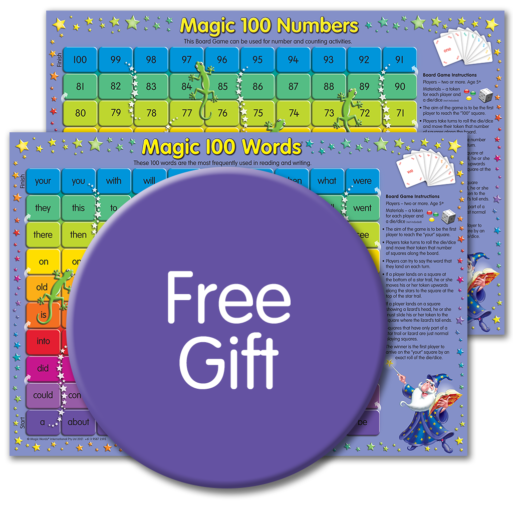Magic Words sight words board game featuing the Magic 100 Words sight words for learning to read.